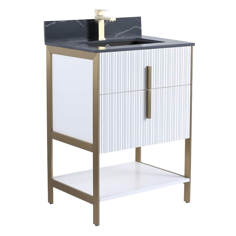 Fine Fixtures Serenity Modern Bathroom Vanity with Black Sintered Stone Top - White Matte - Brass Hardware - 24 inch