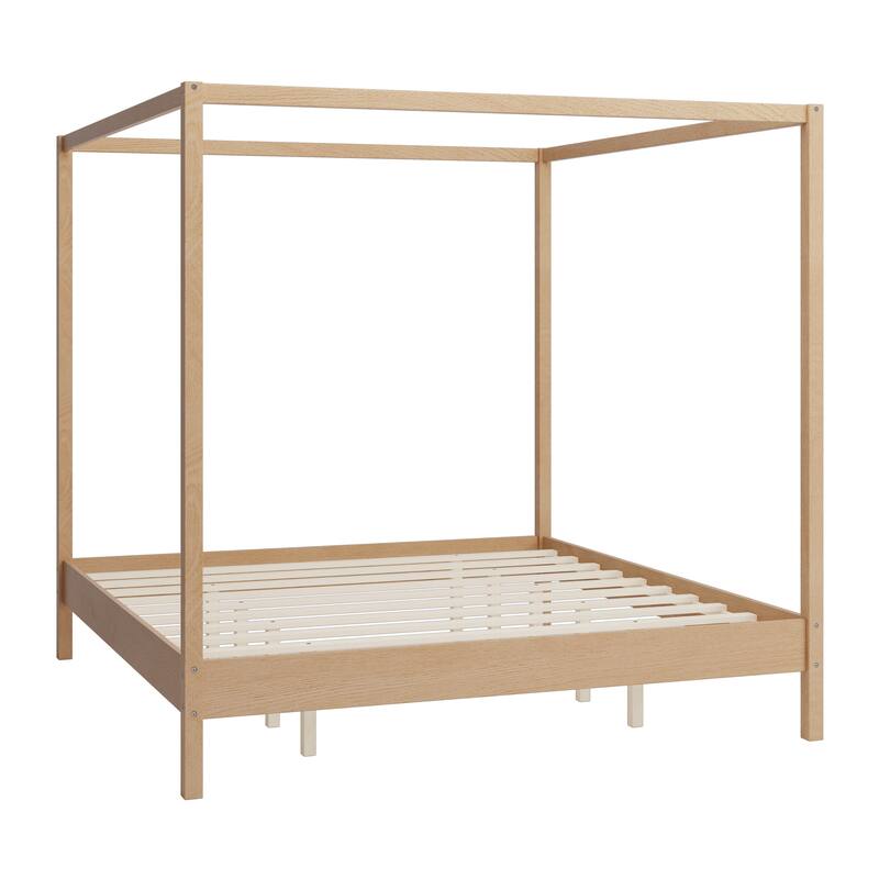 Solid Wood Four Poster Bed Canopy Bed Frame Platform Bed with Wood Slats Support for Bedroom, No Box Spring Needed