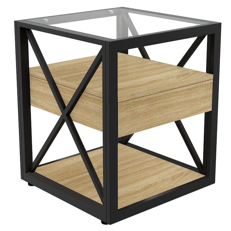 Set of 2 Modern End Table with Drawer - Nightstand,Rustic Wood Grain MDF & Tempered Glass Top,Industrial Style Side Table