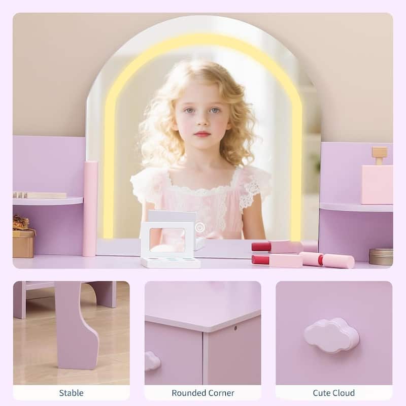 2 in 1 Kids Vanity Table & Stool with Lighted Mirror, Bookshelf and Makeup Palyset