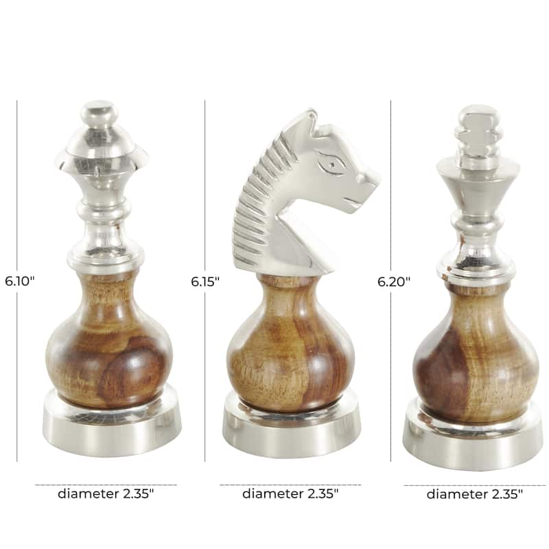 Aluminum Metal Chess Decorative Sculpture with Mango Wood Center - Set of 3 Silver or Dark Gray - Roche River Decor