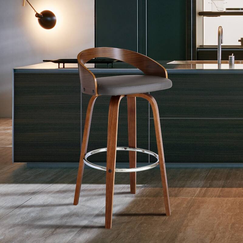 Modern 30 Inch Swivel Bar Stool with Low Back Grey Faux Leather Seat and Walnut Iron Frame - 35”H x 19”W x 19”D