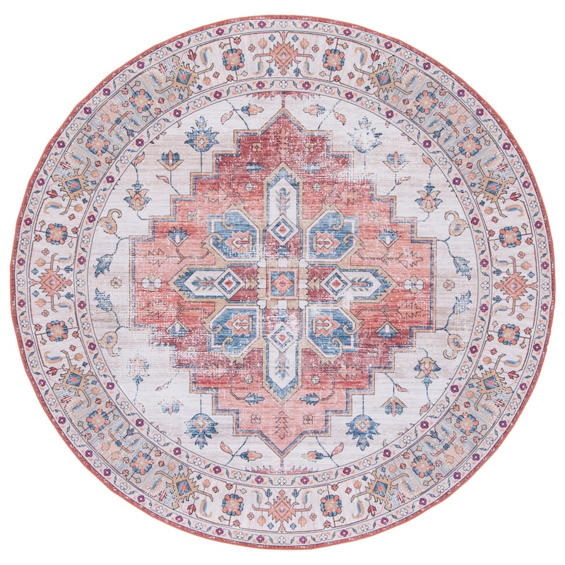 SAFAVIEH Tucson Machine Washable Slip Resistant Malvina Oriental Medallion - 6' x 6' Round - Beige/Blue - Round