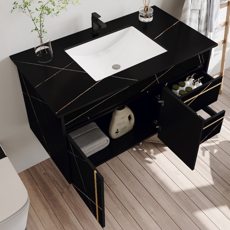 GDFStudio - Luxury 35.4" Floating Wall-Mounted Sintered Stone Bathroom Vanity with Ceramic Sink & Soft-Close Drawers - 35.5"