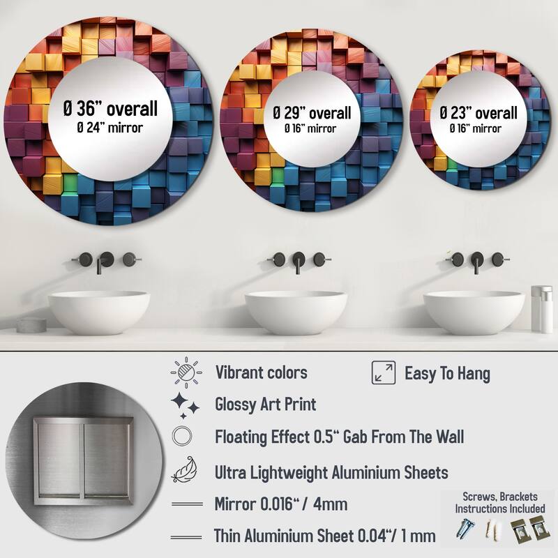 Designart "Rainbow Cubic Wood Spectrum" Abstract Shapes Living Room Mirror - Yellow Modern Round Mirror