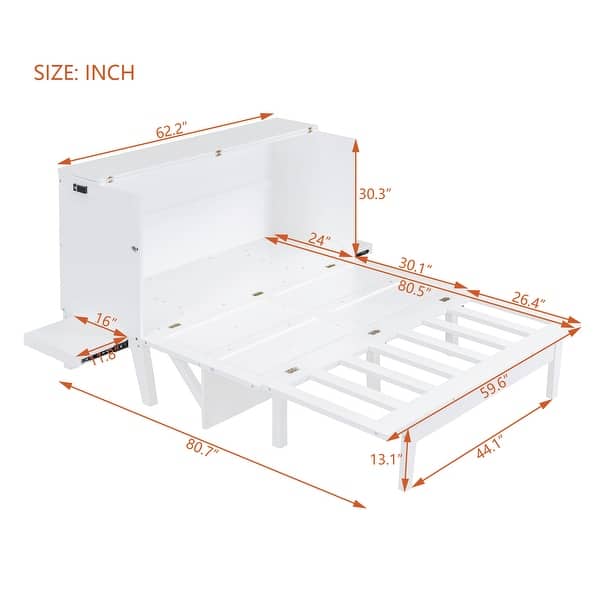 dimension image slide 0 of 2, Murphy Bed Cabinet Bed with 2 Removable Shelves and USB Port-Queen, White