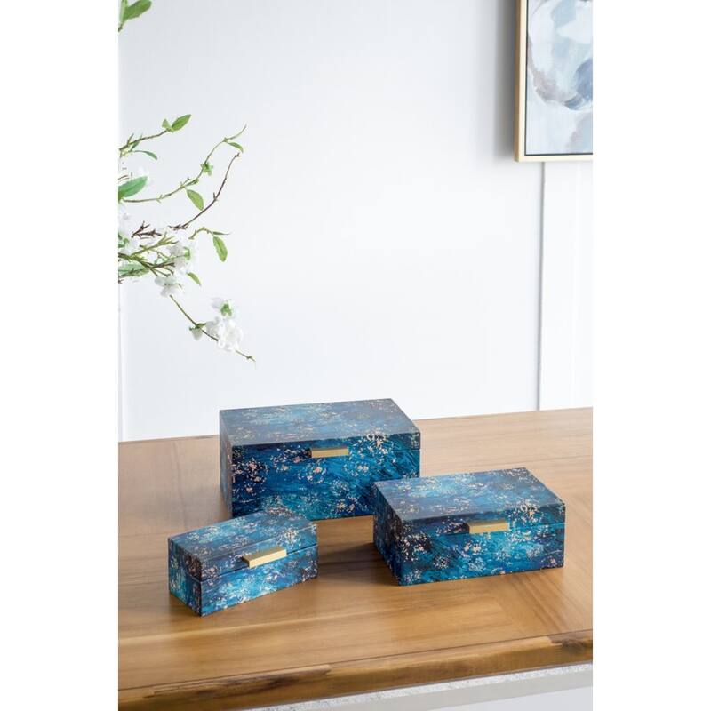 Abstract Rectangular Boxes with Handle - 12.25" - Blue and Gold - Set of 3