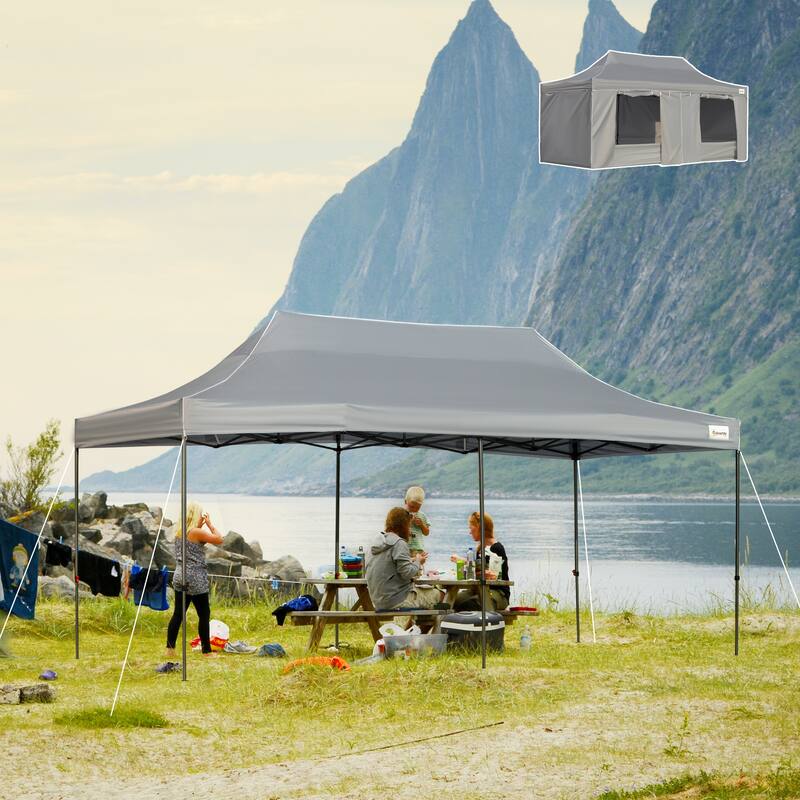 Outsunny 20' x 10' Pop Up Canopy Tent Large Outdoor Shelter with 7 Removable Zippered Sidewalls and Roller Bag