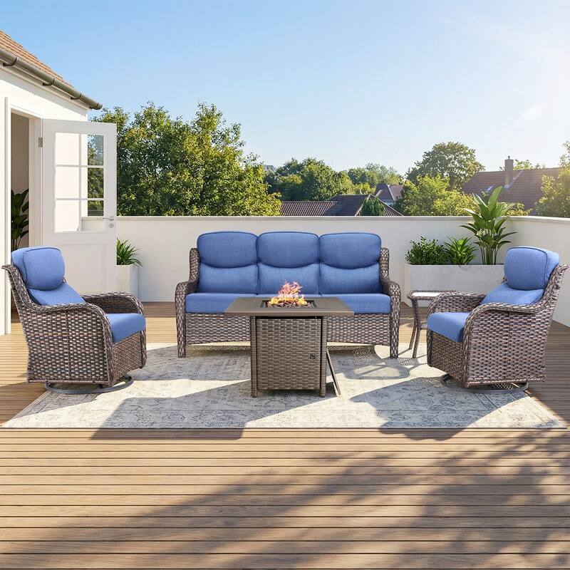 Pocassy Outdoor Propane Fire Table with Sofa Swivel Chair Table Funiture Set. - Brown Wicker Blue Cushion - 5-Piece Sofa Swivel Chair Table w/ Fie Pit Table