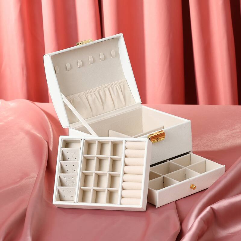 3 Layer Jewelry Box, PU Leather Jewelry Organizer Case Storage Display Holder with Drawer, Removable Jewelry Tray - 17*14*13cm