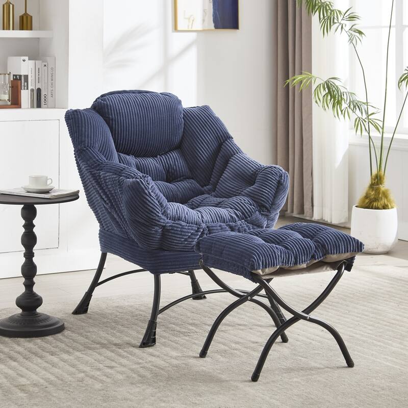 Rattan Rocking Chair Recliner Chair With Padded Cushion - Navy Blue
