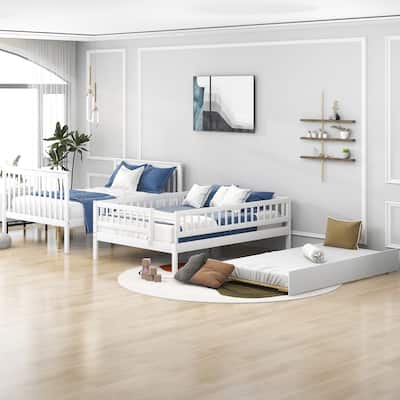 Full over Full Bunk Bed with Trundle and Staircase, 3-in-1 Convertible Design