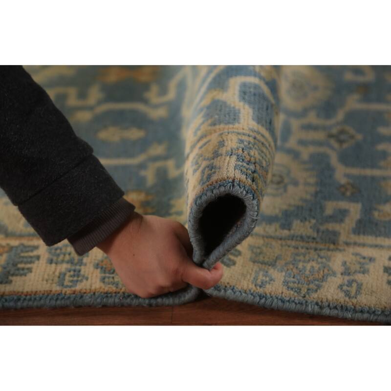 Blue Geometric Oushak Indian Runner Rug Hand-Knotted Wool Carpet - 2'7"x 7'9"