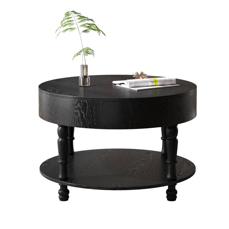 31.5 inch Modern Round Coffee Table Dual Storage Hidden Compartment Black Living Room