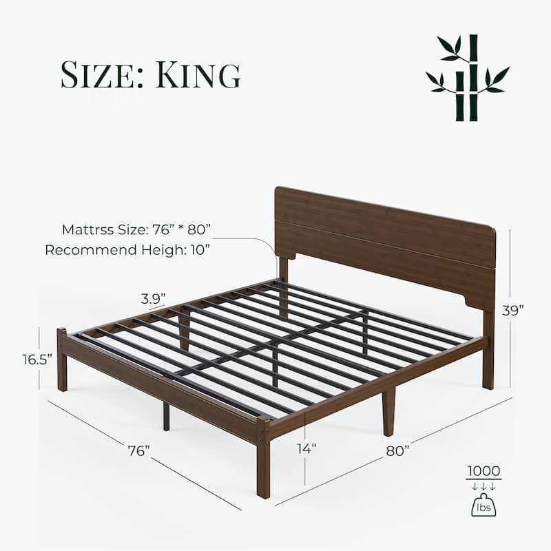 Walnut-colored solid wood and bamboo bed frame with headboard, easy to assemble, no box springs required