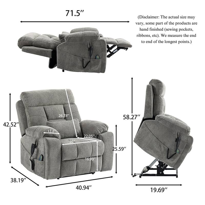 Oversize Dual Motor Massage Recliner w/Heat, Lift Sofa for Elderly, Cup Holder,180 degrees