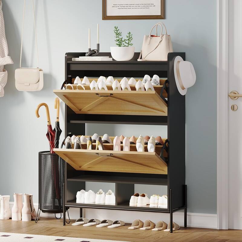 Shoe Cabinet with 2 Flip Drawers - 2 Flip Drawers - Black/Natural