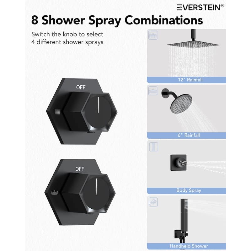 Dual Heads Thermostatic Shower Faucet with 12" Rainfall Shower, Handhels Spray And Body Jets - 12" x 6"