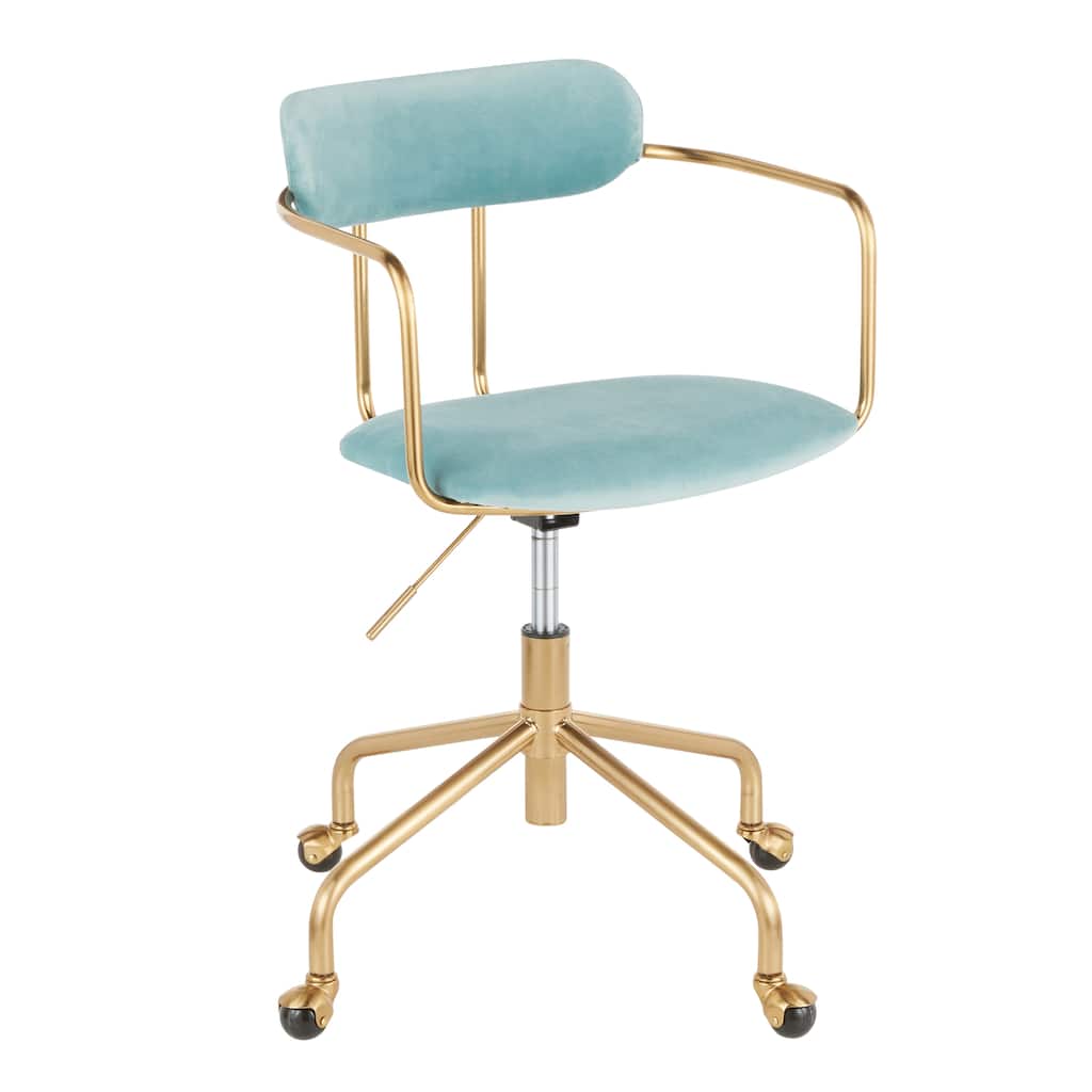 Modern Light Blue Velvet Office Chair with Sleek Gold Frame, Cushioned Seat, and Swivel Base for Home or Office Use