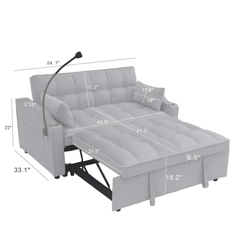 Light Gray Velvet Convertible Sleeper Loveseat Sofa with Adjustable Backrest