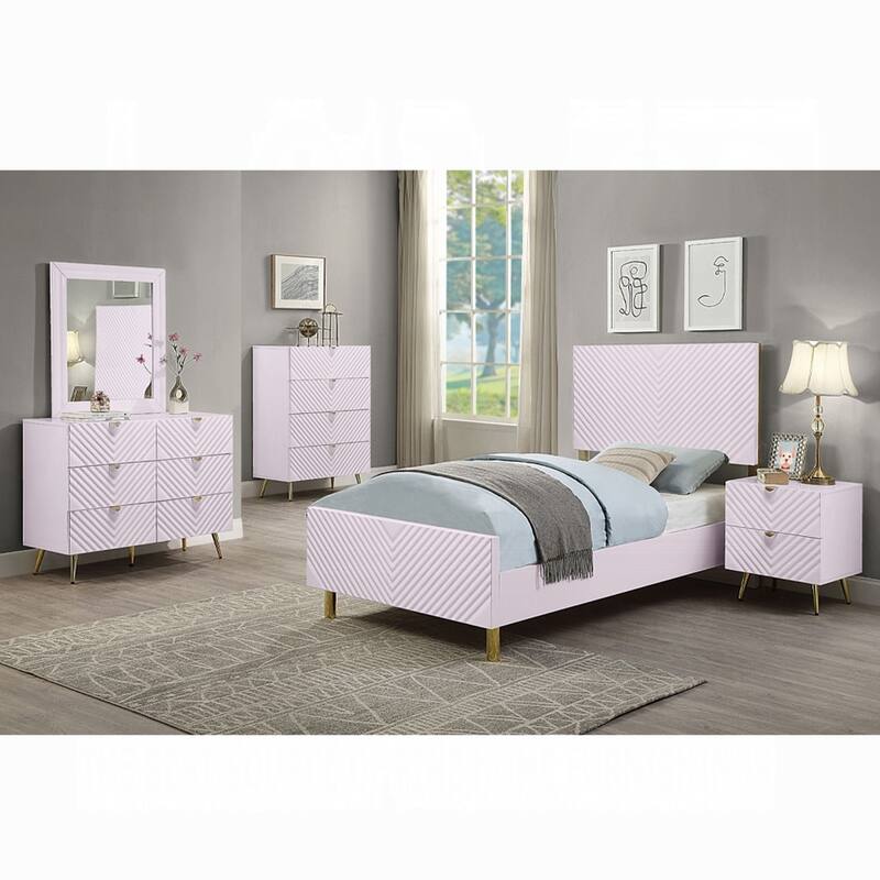 Wooden Full-Size Bed with Metal Legs in High Gloss Pink Finish