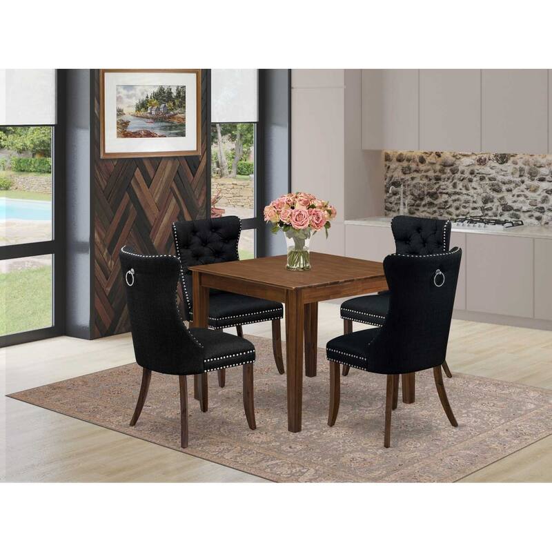 5-Piece Antique Walnut Finish Solid Wood Top - Square Upholstered Dining Room Set - Seats 4