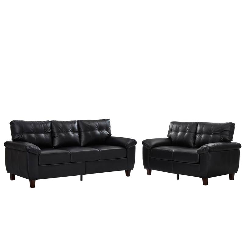 Faux Leather Upholstered Sofa Set of 2 with Loveseat and 3 Seater Couch, Breathable PU Leather Sofa with Storage and Big Armrest