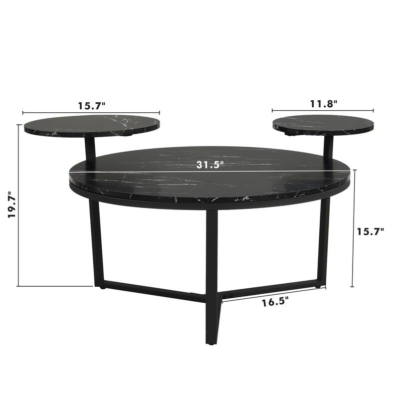 Modern Coffee Table with Two Display Shelves, Black Faux marble surfaces, Tripod-inspired base,Rounded tabletop edges