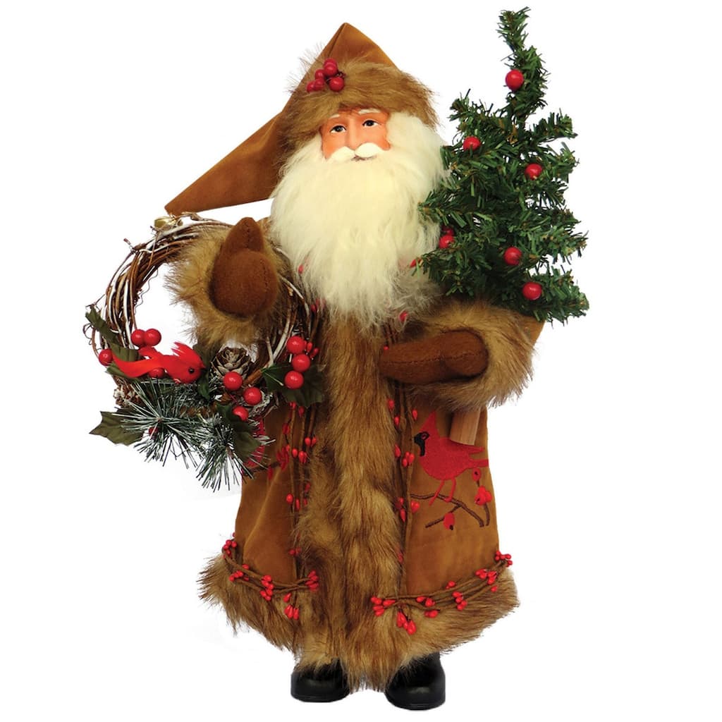 15.5" Santa Claus Christmas Figure with Cardinal and Berries