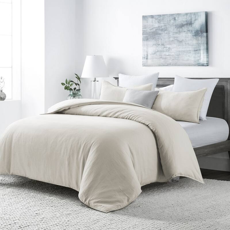 WHOLINENS Stone Washed Linen Duvet Cover with Pillow Shams 3Pcs Set - Light Taupe - Queen