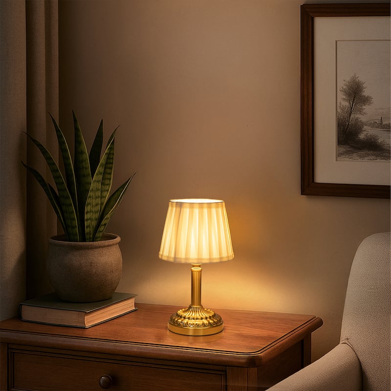 ALOADECOR Glam Cordless Brass Table Lamp Touch Control with 3 Way Classic Elegant Dimmable LED Nightstand Lamp with Fabric Shade