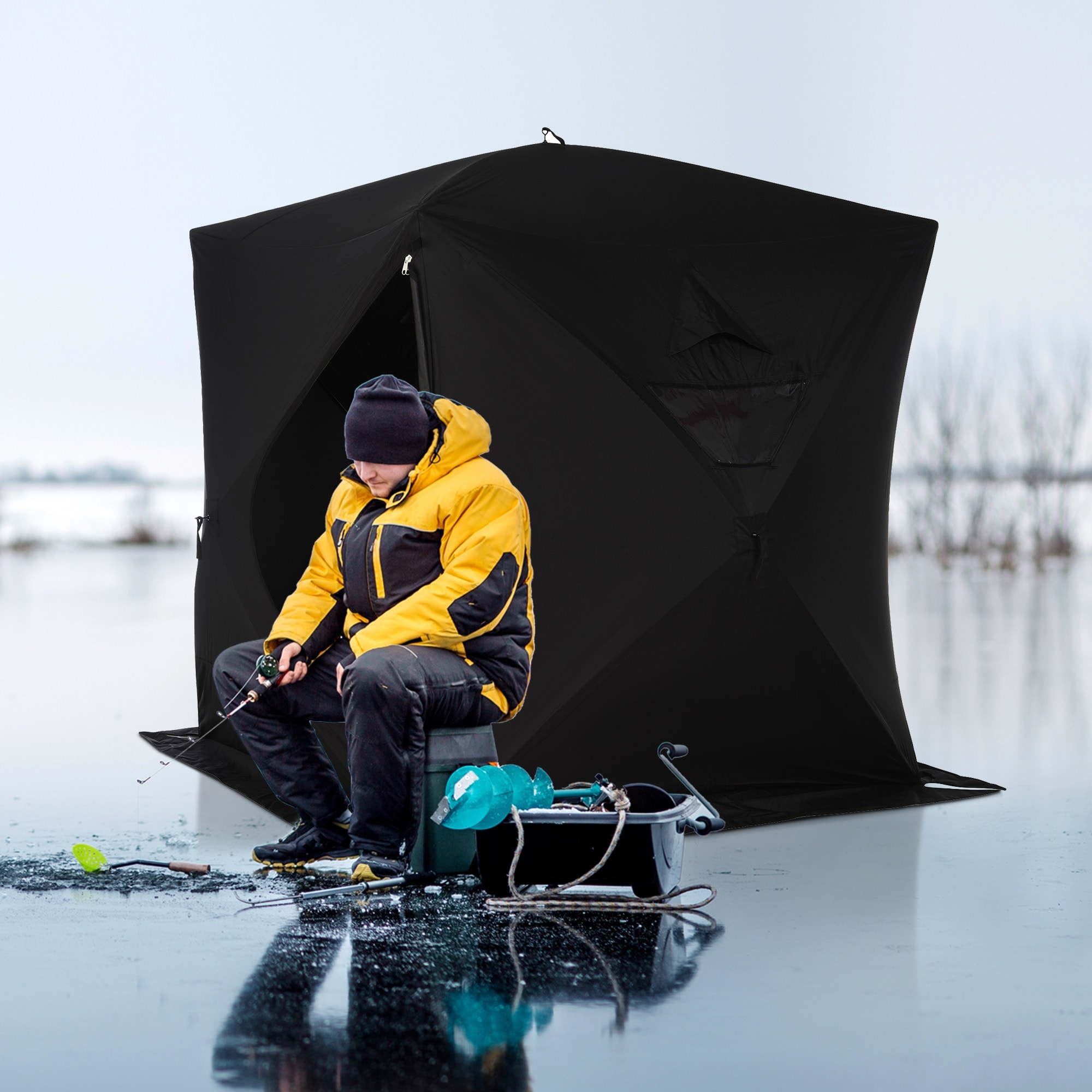 Outsunny 4 Person Ice Fishing Shelter Insulated Waterproof Portable Pop Up Ice Tent with 2 Doors for Outdoor Fishing - Black