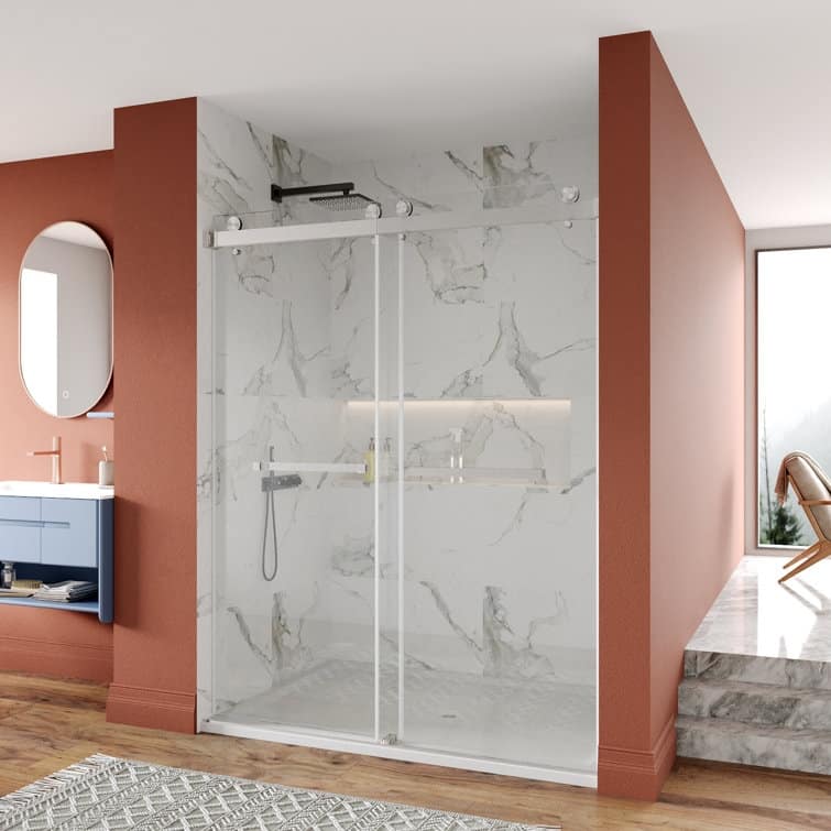 DeerValley 56" - 60" W x 76" H Double Sliding Frameless Shower Enclosure, Stainless Steel Accessories