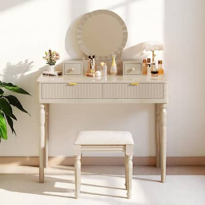 Luxury Vanity Table Set with Height-Adjustable Round Mirror, 4 Drawers & PU Stool, Elegant Makeup Desk for Bedroom