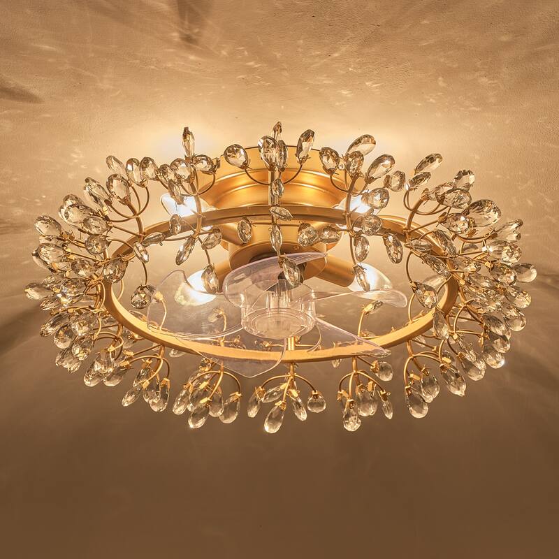 23" Contemporary Gold 4-Light Crystal Low-Profile Flush Mount Ceiling Fan with Remote