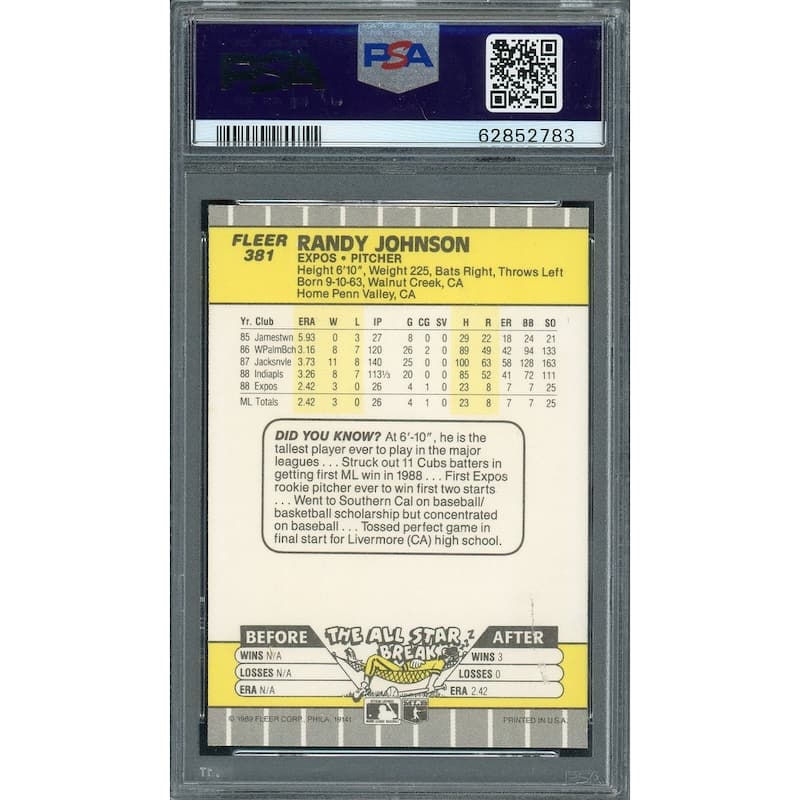 Randy Johnson 1989 Fleer Ad Blacked Out Baseball Rookie Card #381 Graded PSA 10 - 8'6" x 11'6"