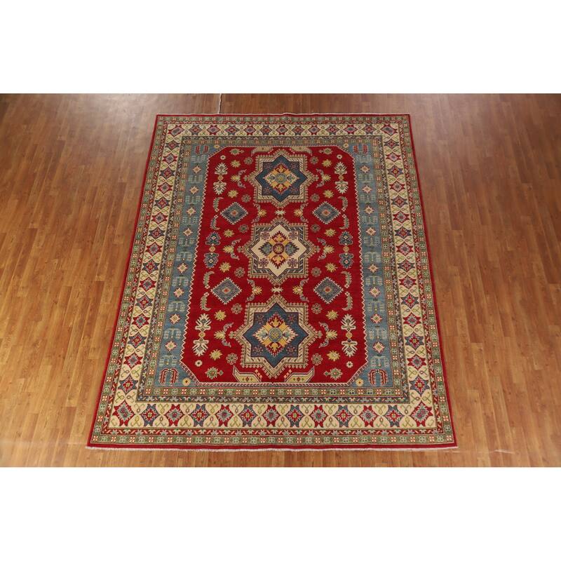 Hand Knotted Oriental 100% Wool Carpet Traditional Geometric Red Kazak Area Rug - 10' 2'' X 8' 0''