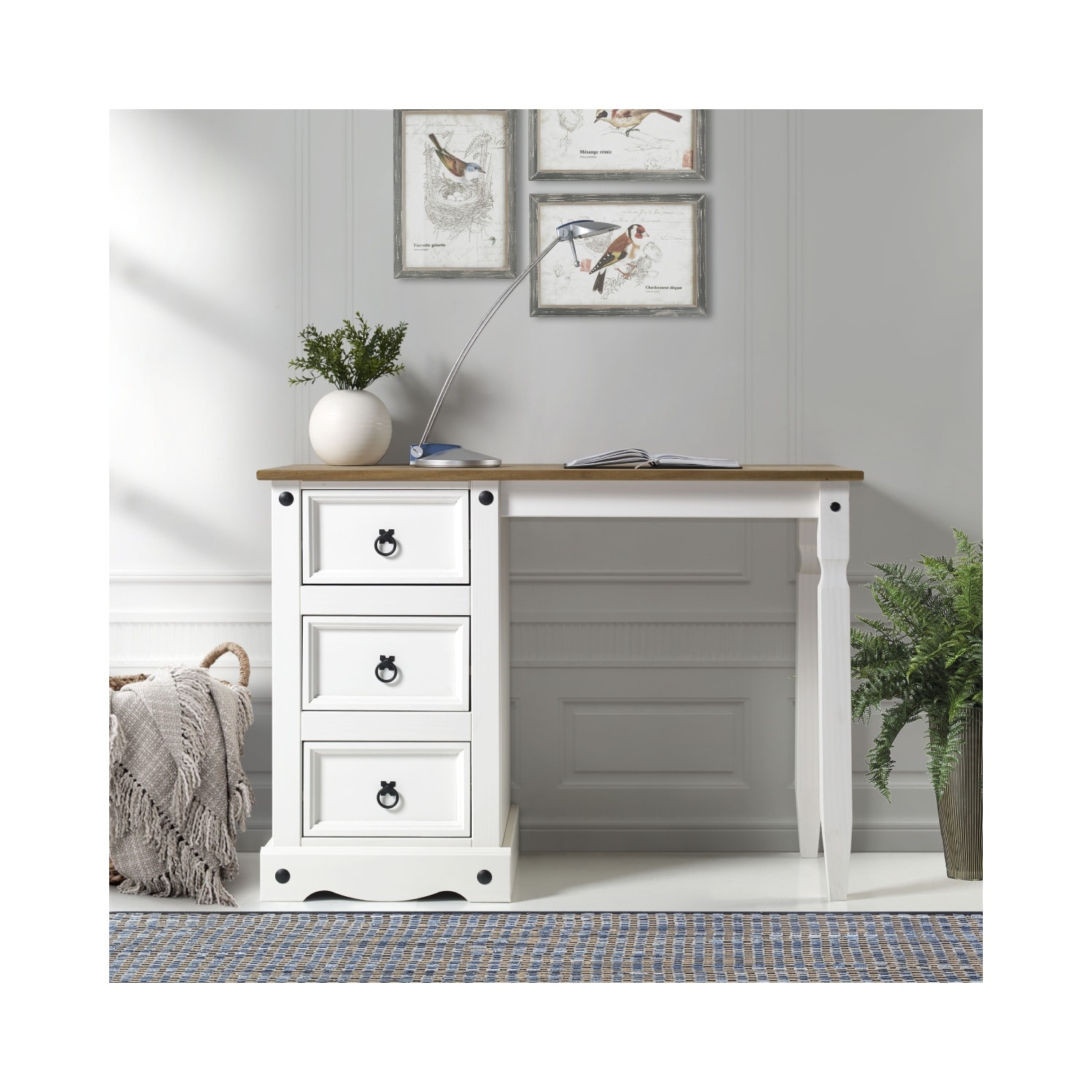 Vanity Desk - Solid Pine Wood Desk with Dovetail Drawers & Honey Brown Top