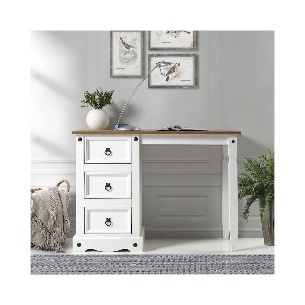 Vanity Desk - Solid Pine Wood Desk with Dovetail Drawers & Honey Brown Top