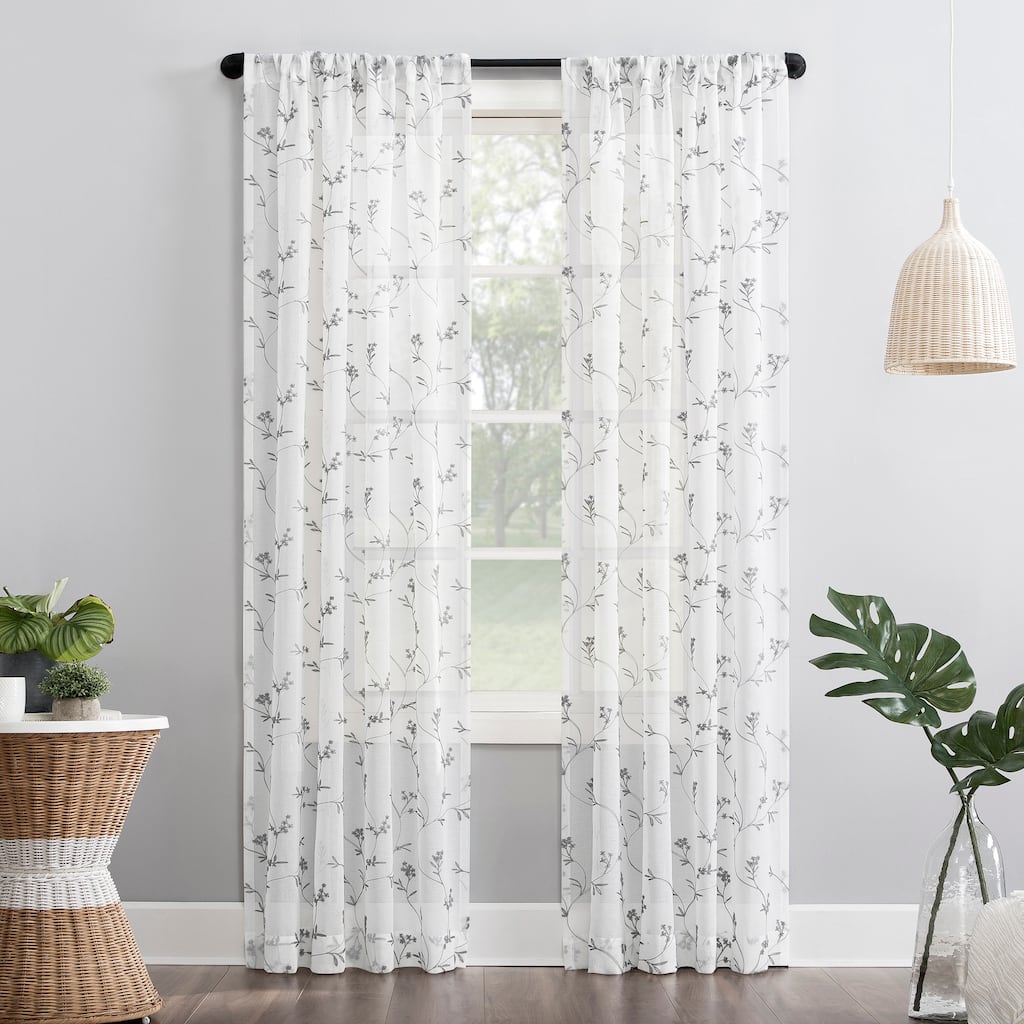 No. 918 Delia Embroidered Floral Sheer Rod Pocket 1-Piece Curtain Panel, Single Panel