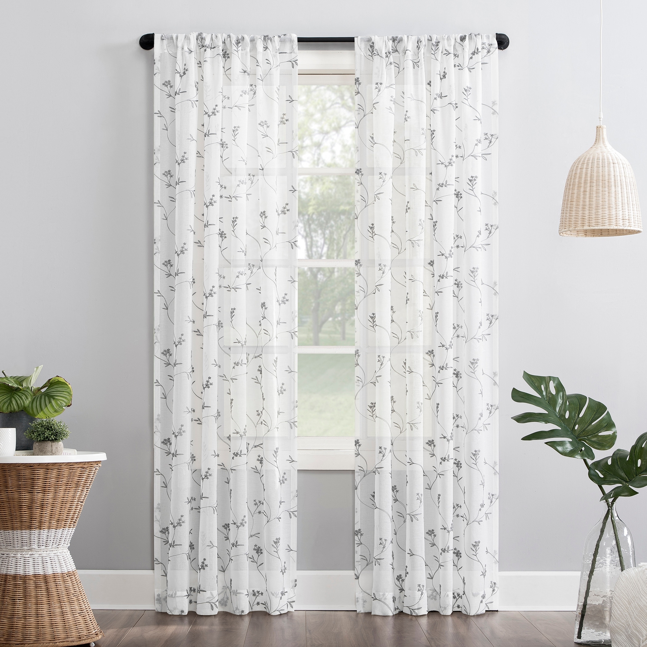 No. 918 Delia Embroidered Floral Sheer Rod Pocket 1-Piece Curtain Panel, Single Panel