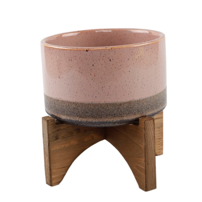 Mid-Century 6.25" Lava Pot on Woodstand - Pink