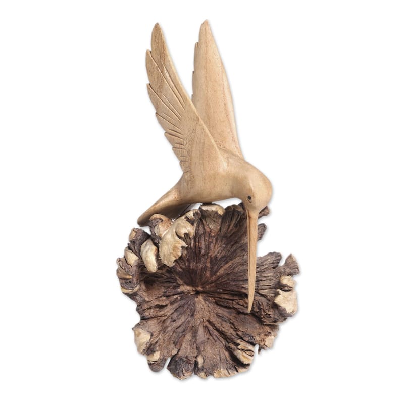 NOVICA Hand-Carved Jempinis Wood Flying Hummingbird Sculpture Hummingbird Joy (Indonesia) - 3.5 - 3.5 - Beige