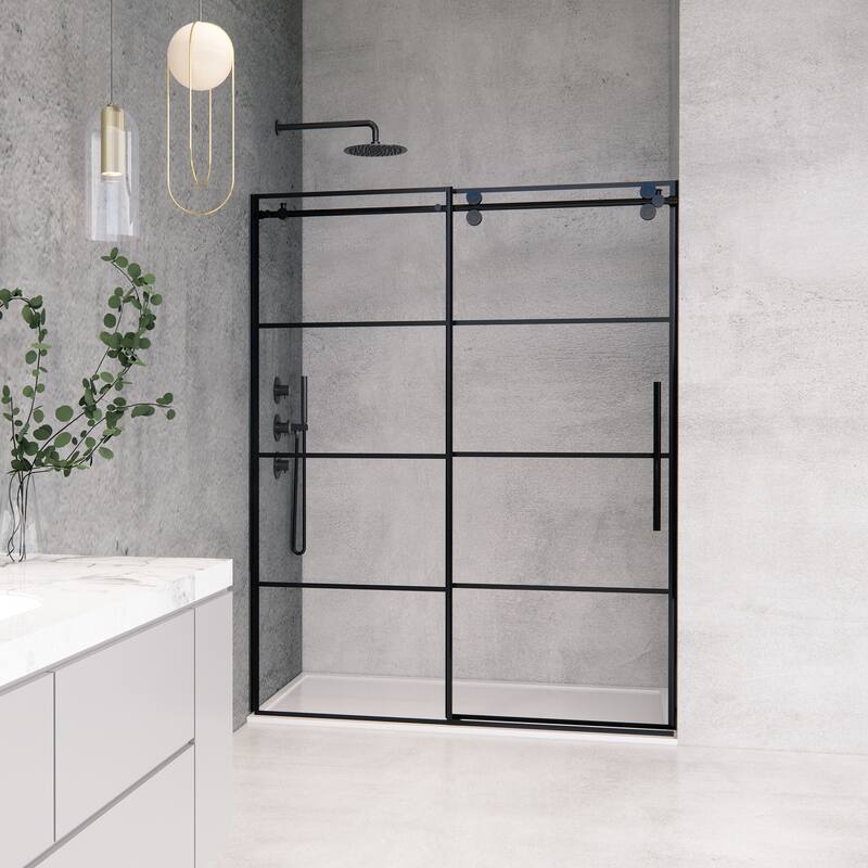Altair Sankiz Single Sliding Frameless Shower Door in Matte Black Finish Grid with Clear Glass - 60"W x 76"H - 60"W x 76"H