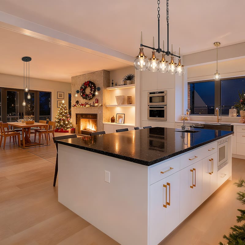 Beta Modern 5-Light Linear Glass Chandelier Black Gold Kitchen Island Light for Dining Room - 36'' L x 4.9'' W x 20.2'' H