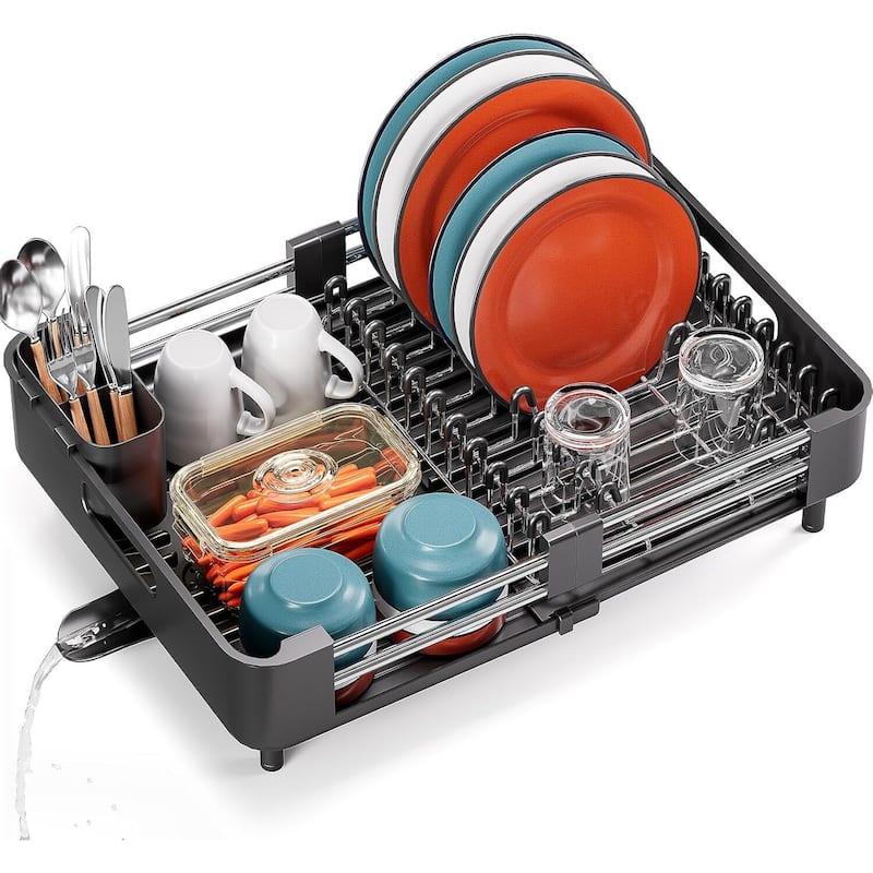 Dish Drying Rack for Kitchen Counter, Extendable Dish Rack with Drainboard - Black
