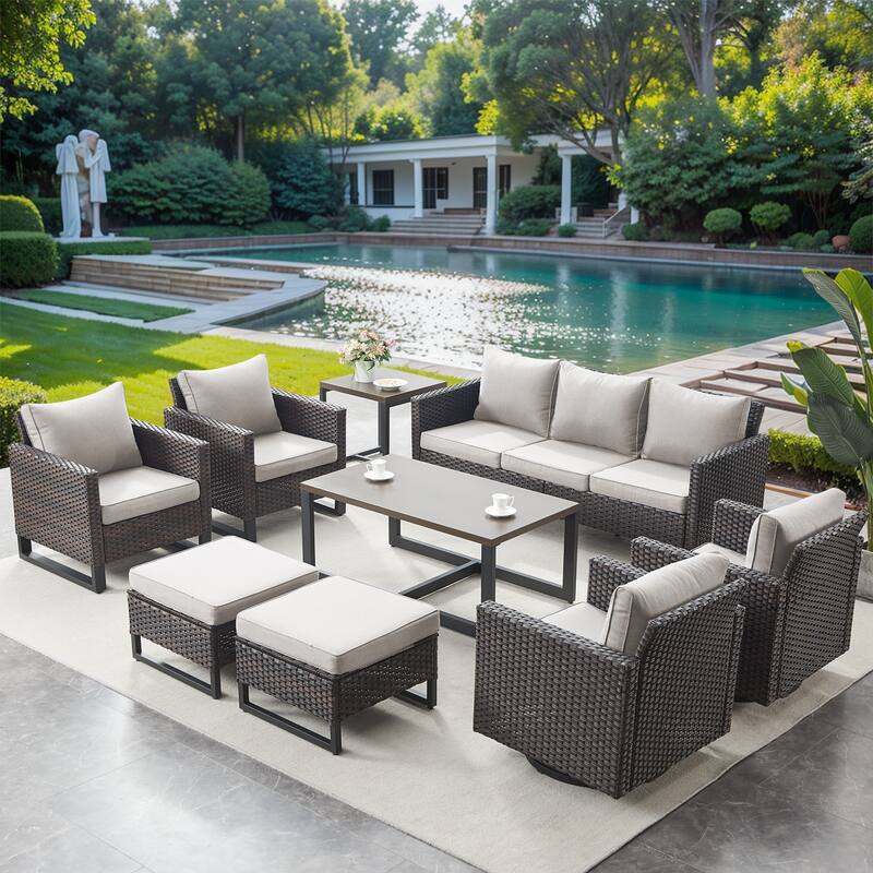 9 Pieces Patio Sofa, Swivel Chair, Club Chair Table Set - Brown - Beige