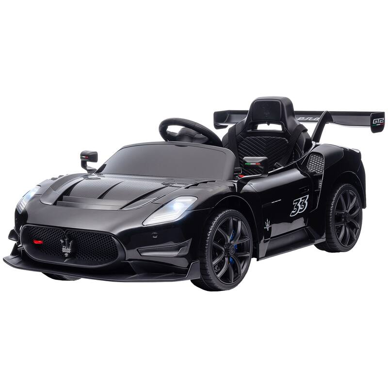 Maserati GT2 12V Battery-Powered Kids Ride-On Car with Remote Control, Horn, Shock Absorbers, and LED Lights - Black