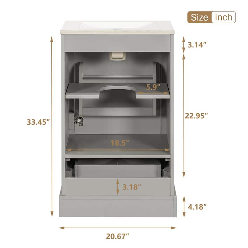 20" Bathroom Vanity with Ceramic Sink, Soft-Close Door, Drawer, Adjustable U-Shaped Shelf, Modern Freestanding Design