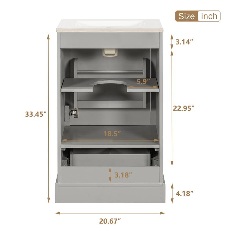20" Bathroom Vanity with Ceramic Sink Bathroom Storage Cabinet with Adjustable U-Shaped and Drawer